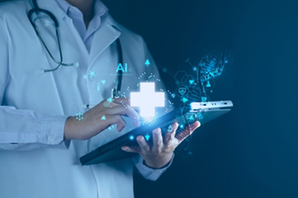 Medical technology, doctor use AI robots for diagnosis, care, and increasing accuracy patient treatment in future. Medical research and development innovation technology to improve patient health.